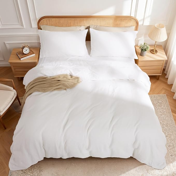 LBRO2M 100% France Linen Duvet Cover Set 3 Pcs Including 1 Flax Comforter Cover with Zipper Closure, 2 Pillowcase, Cozy Duvet Cover Full Size, White
