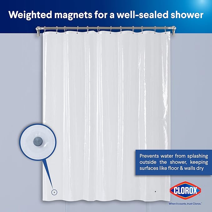 Clorox Shower Curtain Liner, Premium Lightweight Durable Waterproof 4g PEVA for Bathroom with Weighted Magnets, Standard Size 70" x 72", Clear 2 Pack