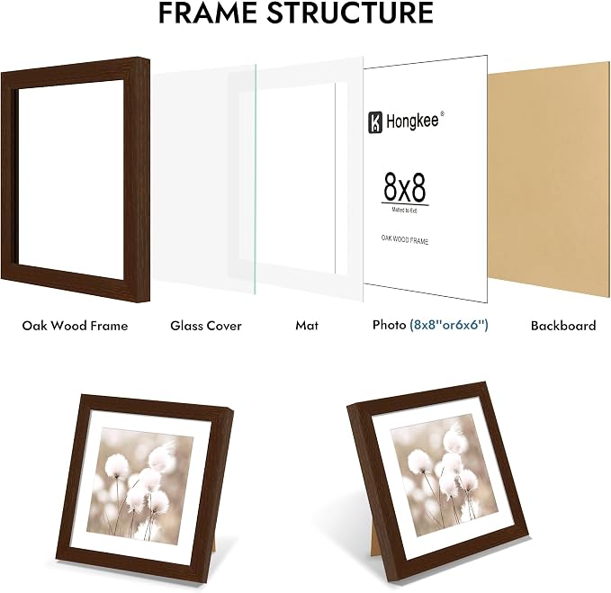 Hongkee 8x8 Oak Wood Picture Frame 1 Pack(Matted 6x6) with Real Glass Cover | Walnut, 8 x 8 Solid Wood Frame for Wall or Tabletop Display - Includes Easel Back, Vertical Hang - Ideal for Home, Office