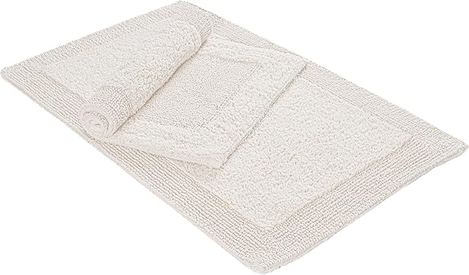Bedding Craft Bathroom Bath Mat Rug – 100% Cotton, Reversible, Water Absorbent, Machine Washable, Soft Bathmat for Tub Side, Sets 2 Pieces (17x24+21x34) Beige