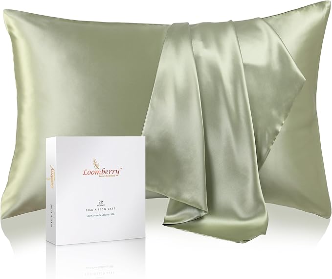100% Pure Mulberry Silk Pillowcase for Hair and Skin, 6A Grade 22 Momme Silk Pillow Cases with Zipper, Soft Cooling Washable Both Sided Silk Pillow Cover (Olive Green, Queen 20''x30'')
