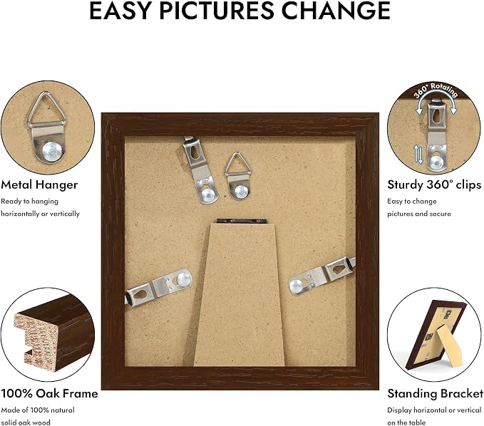 Hongkee 4x4 Oak Wood Picture Frame 1 Pack(Matted 3x3) with Real Glass Cover | Walnut, 4 x 4 Solid Wood Frame for Wall or Tabletop Display - Includes Easel Back, Vertical Hang - Ideal for Home, Office