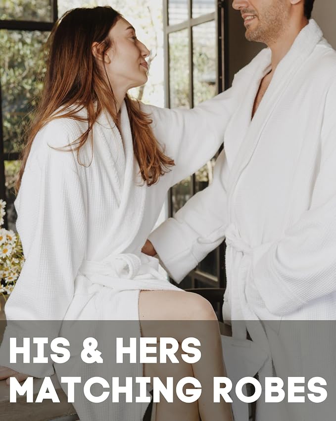sea me at home Turkish Cotton Waffle Bathrobe, Luxury Spa Hotel Shawl Collar Robe for Women & Men, Plush Terry Inside