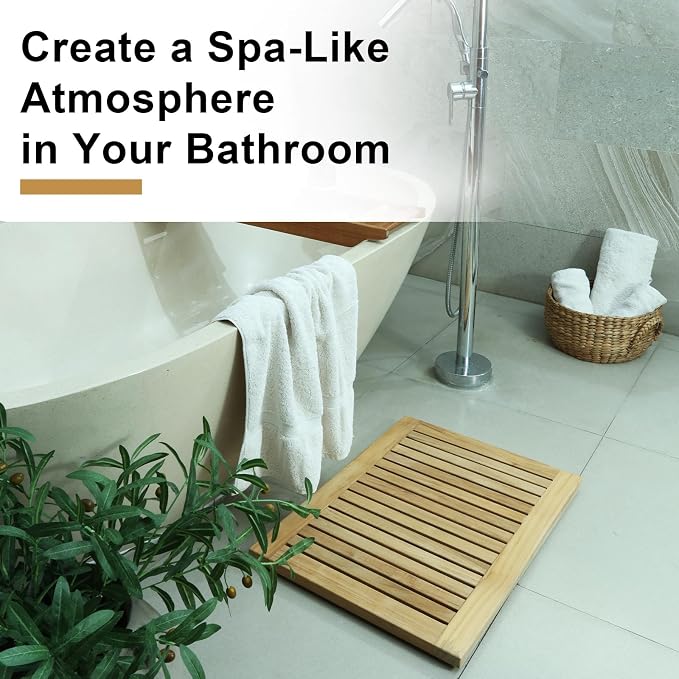 StrongTek 24 inch Teak Shower Mat, Water-Resistant, Non-Slip, Easy-to-Clean Bath Mat for Safety and Durability, Ideal for Bathrooms, Saunas, Spas, and Outdoor Use