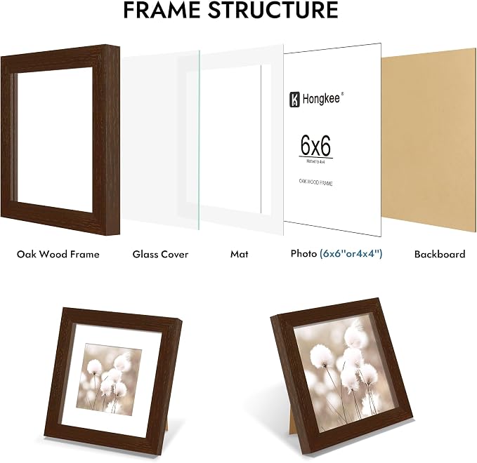 Hongkee 6x6 Oak Wood Picture Frame 1 Pack(Matted 4x4) with Real Glass Cover | Walnut, 6 x 6 Solid Wood Frame for Wall or Tabletop Display - Includes Easel Back, Vertical Hang - Ideal for Home, Office