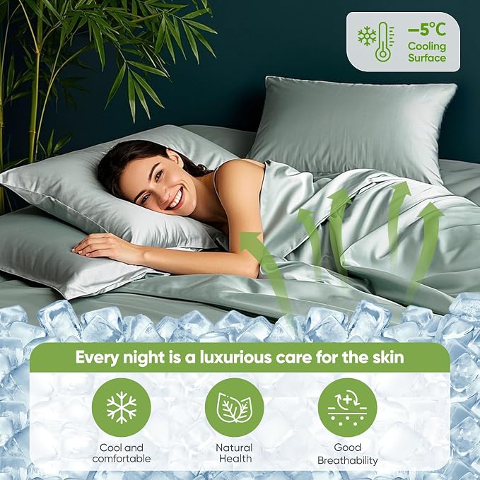 Real 100% Viscose Derived from Bamboo Sheets Set Queen Size, Cooling & Silky Soft for Hot Sleeper, Luxury with Breathable & Moisture Wicking Fabric, 18" Deep Pocket with Corner Straps (Sea Glass, Q)