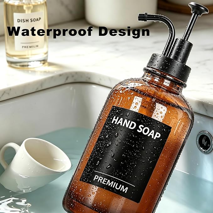 Amber 18 Oz Dish Soap Dispenser for Kitchen, Ultra-Thick Glass Soap Dispenser Set with Tray, Pump, Funnel for Bathroom, Liquid, Lotion, Shower, Laundry, (2 Pack with 12 Stickers)