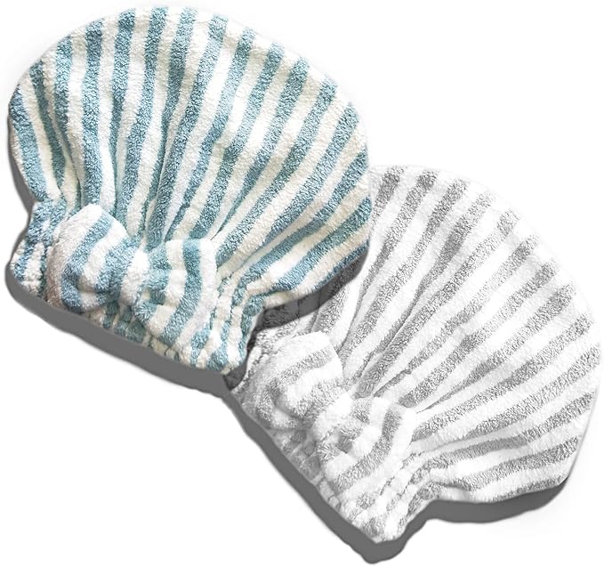 Microfiber Hair Towel Cap,Soft Absorbent Quick Drying Cap for Curly Thick Hair, Wrap Cap for Women Girls-Set of 2 Pcs（Blue White/Gray White）