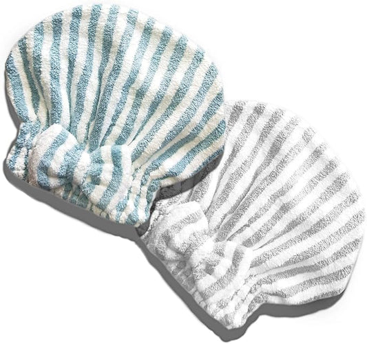 Microfiber Hair Towel Cap,Soft Absorbent Quick Drying Cap for Curly Thick Hair, Wrap Cap for Women Girls-Set of 2 Pcs（Blue White/Gray White）