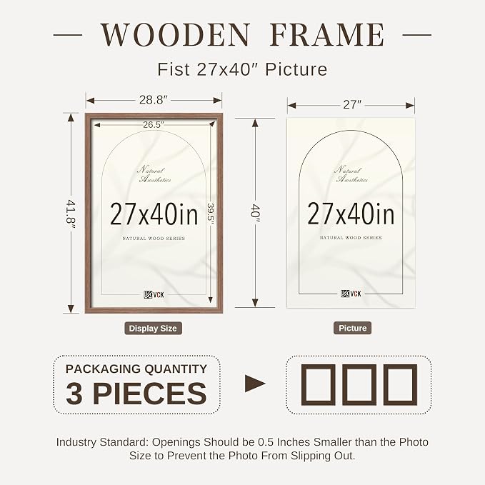 VCK 27x40 Poster Frame 3 Pack - Walnut Solid Wood Picture Frames, Exclusive Wood Grain Picture Frames, Wall Hanging