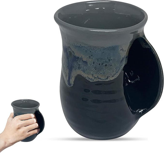 Clay in Motion Hand Warmer Coffee Mug – Handmade Coffee Mug With Comfortable Handle Contoured Pocket Hand Warming Ceramic Coffee Mug – Proudly Made in USA – Right Handed – 14 Oz - Stormy Night