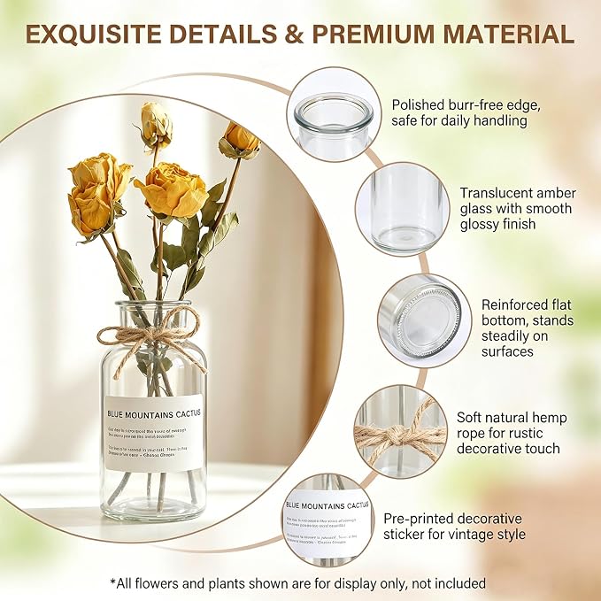 500ML Vintage Glass Vase Minimalist Clear Rustic Cylinder Bottles with Hemp Rope & Stickers for Wedding Centerpieces, Floral Arrangements, Farmhouse Home Decor, Table & Bookshelf Display