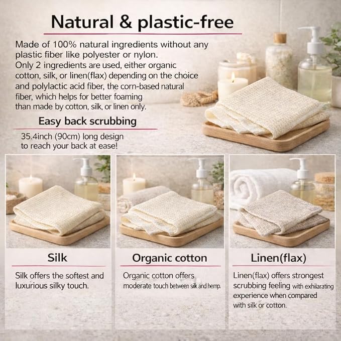 Exfoliating Washcloth [Made in Japan] Shower Back Scrubber, Plant-Based Loofah (3pcs Set)