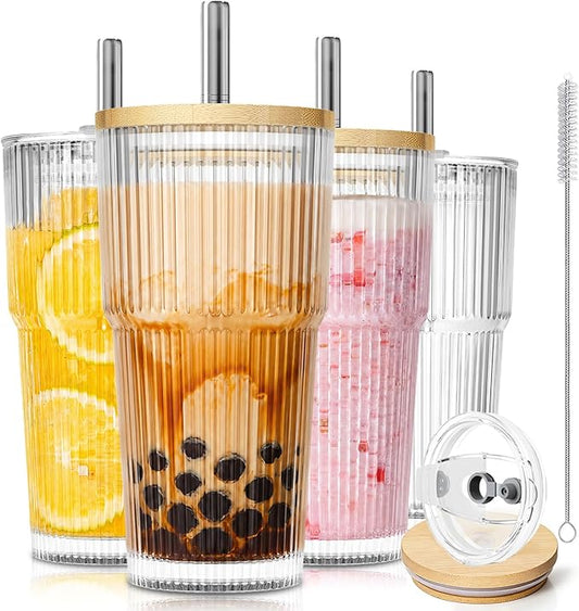 KEMORELA 20oz Ribbed Glass Tumblers with Reusable Stainless Steel Straws, Bamboo & Leak-Proof Dual Lids, Extra-Wide 13mm straw, 4Pc Vintage Drinking Glasses for Boba,Iced Coffee, Smoothies,Travel Cups
