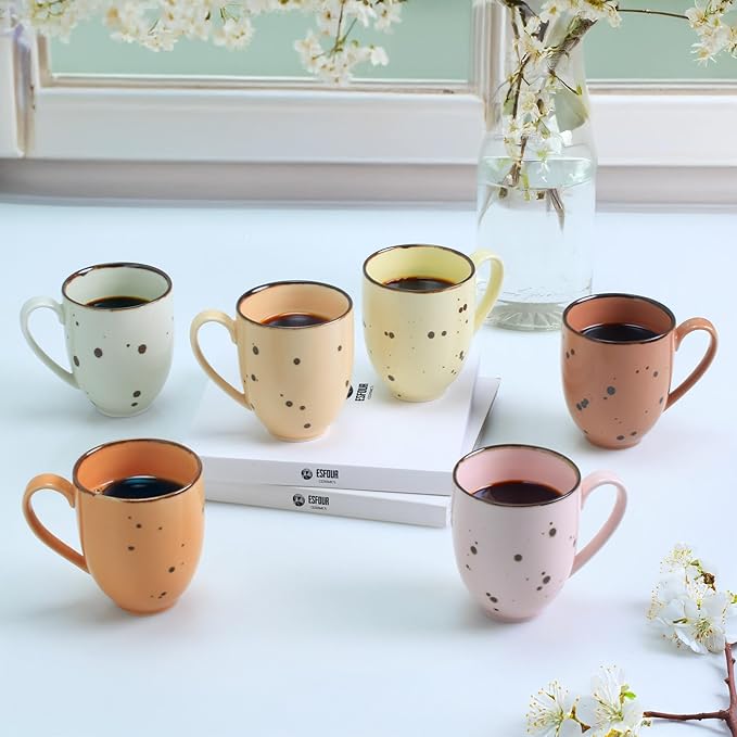 Esfour Ceramics Coffee Mugs Set Of 6, 14 Oz Large Handle Heavy Duty Cups - Microwave Dishwasher Safe - Latte, Cappuccino, Tea, Cocoa, Mocha - Men, Women, Home Office Daily Use, Blossom Assorted Colors