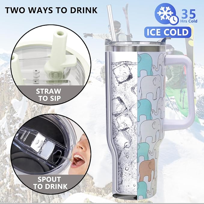 SYACOT 40 oz Tumbler with Handle and Straw Stainless Steel Insulated Tumbler Leak Proof Lid and Straw Lid Reusable Travel Mug Coffee Mug Cup Dishwasher Safe Keep Drinks Cold and Hot (LittleElephant)