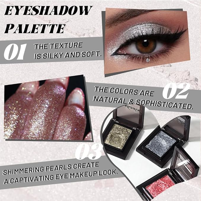 Sliver White Single Shimmer Glittle Eye shadow Palette Makeup, Single Shimmer Eyeshadow for Older Women, High Pigment Natural Sombras Crema Para Ojos, Talc, Paraben & Cruelty Free (03#Sliver White)