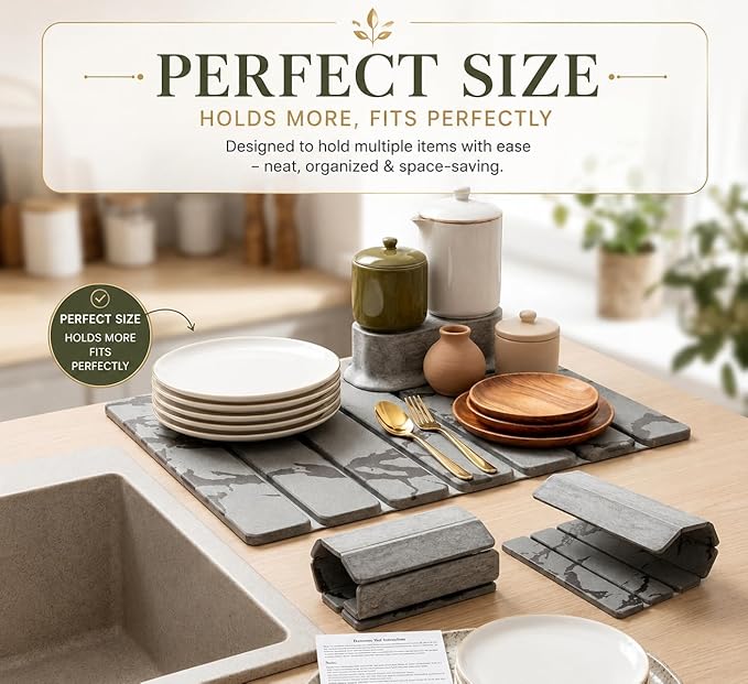 Stone Dish Drying Mat for Kitchen Counter, Quick Dry Diatomaceous Earth Dishes Mat, Foldable Water Absorbing Drying Organizer Pad for Plate Rack Bottles Utensils, Light Gray, 30x40 cm