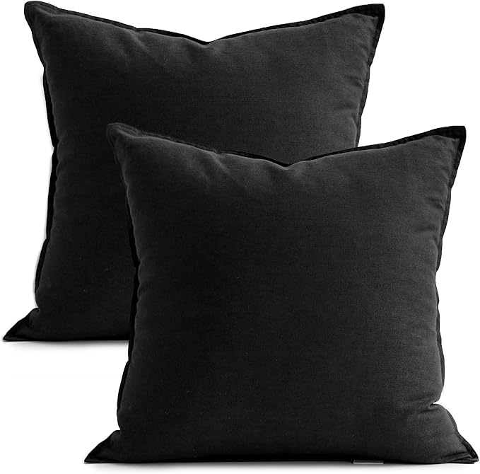 Jeanerlor 18"x18" Solid Cotton Linen Decoration Throw Pillow Case with Zipper Euro Sham Cushion Case Cool Pillow Cover Delicate Decorative Pillowcase for Chair/Bed/Couch,2 Packs, Black
