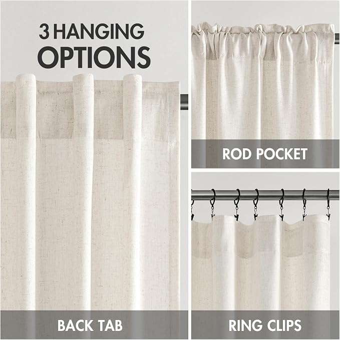 MIULEE Non-See-Through Privacy Linen Curtains 2 Panels, Light Filtering Window Curtains Farnhouse Textured Back Tab Semi Sheer Drapes for Bedroom Living Room, 52 x 60 Inches Long, Natural White
