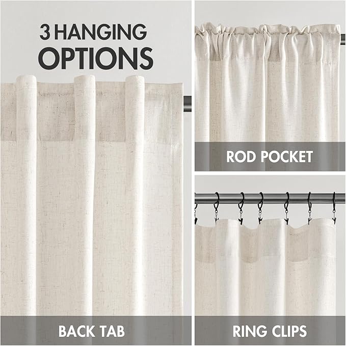 MIULEE Non-See-Through Privacy Linen Curtains 2 Panels, Light Filtering Window Curtains Farmhouse Textured Back Tab Semi Sheer Drapes for Bedroom Living Room, 52 x 94 Inches Long, Natural White