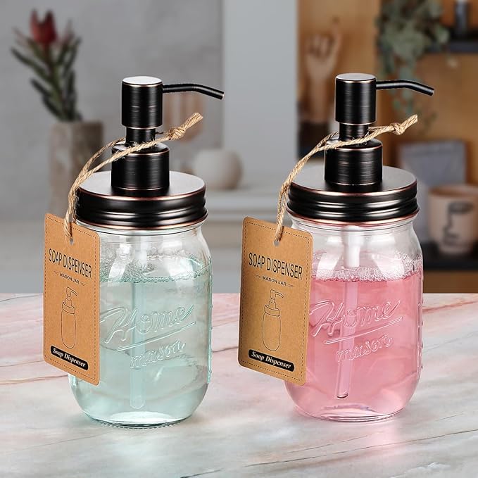 Amolliar Mason Jar Liquid Soap Dispenser, 16 OZ Lotion Glass Dispenser, Cute Farmhouse Decor for Kitchen, Bathroom, Refillable Dispenser for Hand Soap, Dish Soap, Lotion Soap, Oil Rubbed Bronze 1 Pack