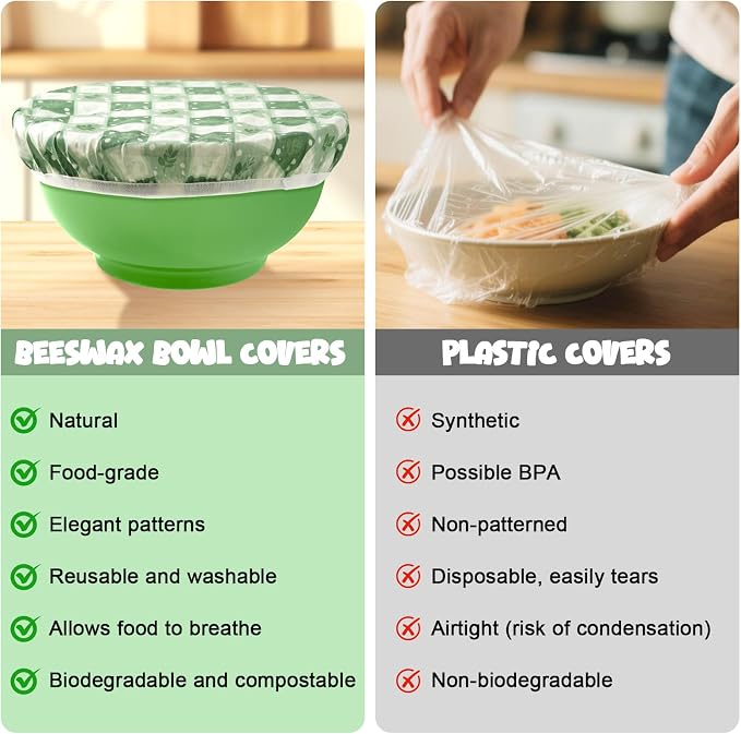 2-Pack Reusable Beeswax Bowl Covers with Green Leaf Pattern, 10/12 Inch Elastic Cotton Food Storage Covers for Bread Proofing, Sourdough Dough & Kitchen Containers