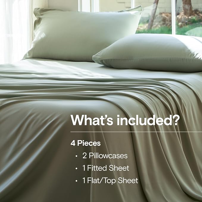 DOZ Sheet Set, 100% Viscose derived from Bamboo, Organically Grown, Buttery Soft, Cooling Sheets, High GSM, Deep Pockets - 4 Piece - 2 Pillowcases 1 Fitted 1 Top Sheet (Sage, Queen)
