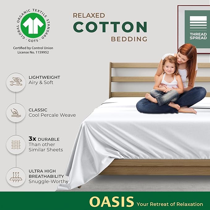 THREAD SPREAD 100% Organic Cotton Percale Flat Sheet Twin Size - 1 PC Flat Sheet, White - Crisp, Cool and Strong Bed Linen, Top Sheets for Hot Sleepers, Luxury Breathable GOTS Certified Sheets