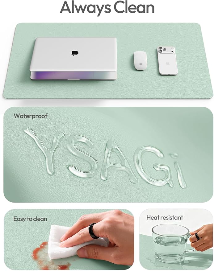 YSAGi Leather Desk Protector, Office Mat, Large Mouse Mat, Non-Slip PU Leather Blotter, Laptop Pad, Waterproof Writing Pad for Office and Home (Pale Green, 31.5" x 15.8")