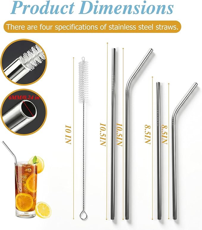 16 Pack Reusable Stainless Steel Metal Straws, 4 Straight + 4 Bent 10.5 Inch and 4 Straight + 4 Bent 8.5 Inch Metal Straws with 2 Cleaning Brushes, Straw Compatible with 20/30 oz Tumbler