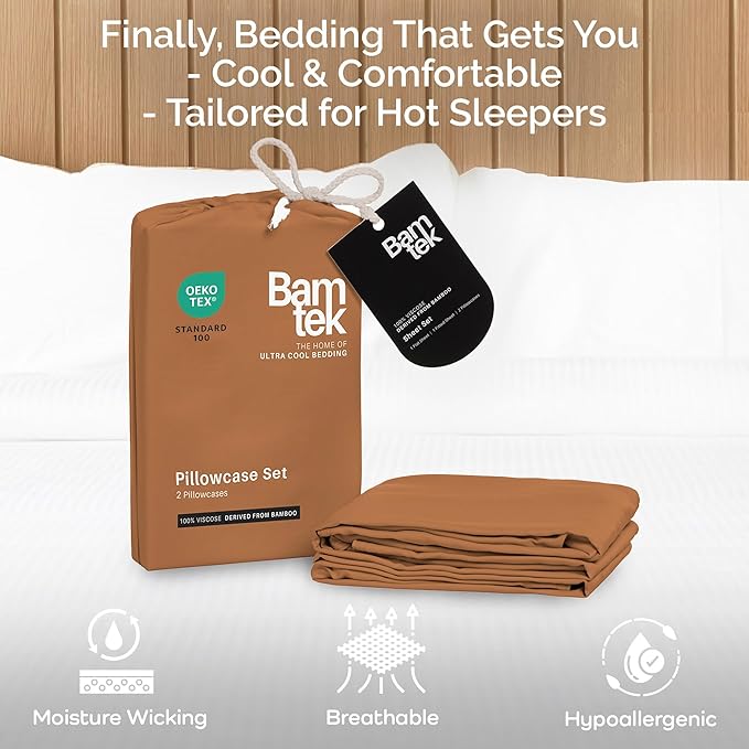 Pillow Cases Queen Size Set of 2 Pillowcases 100% Viscose from Bamboo Cooling Pillowcases, Soft & Breathable Pillow Case with Envelope Closure, Tan Pillow Cases (Almond)