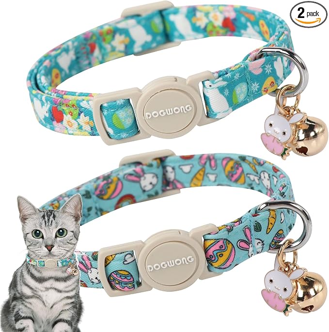 DOGWONG 2 Pack Easter Day Cat Collars, Breakaway with Bell, Adjustable 7-12 Inch, Egg Color, Cotton Material, All Breed Sizes