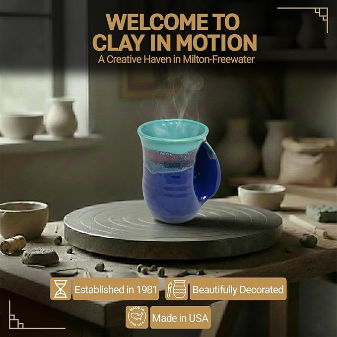 Clay in Motion Hand Warmer Coffee Mug – Handmade Coffee Mug With Comfortable Handle Contoured Pocket Hand Warming Ceramic Coffee Mug – Proudly Made in USA – Right Handed – 14 Oz - Mystic Waters