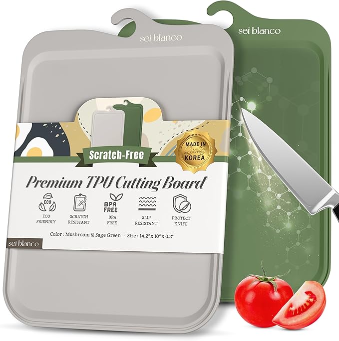 Premium Korean TPU Cutting Board Set of 2 - Non Scratch 13.8" x 9.8" Silicone Like Flexible Cutting Board for Meat - 5mm Thick and Durable - Dishwasher Safe - Non Slip Surface - Sleek Hanging Design