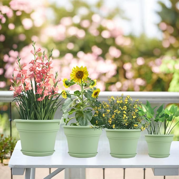 Pottiffe 10 Inch Plastic-Flower-Pot-for-Indoor-Plants, 4 Pack Large Outdoor Planter Pot with Drainage Holes & Saucers, Resin Decorative Garden Pots Planters