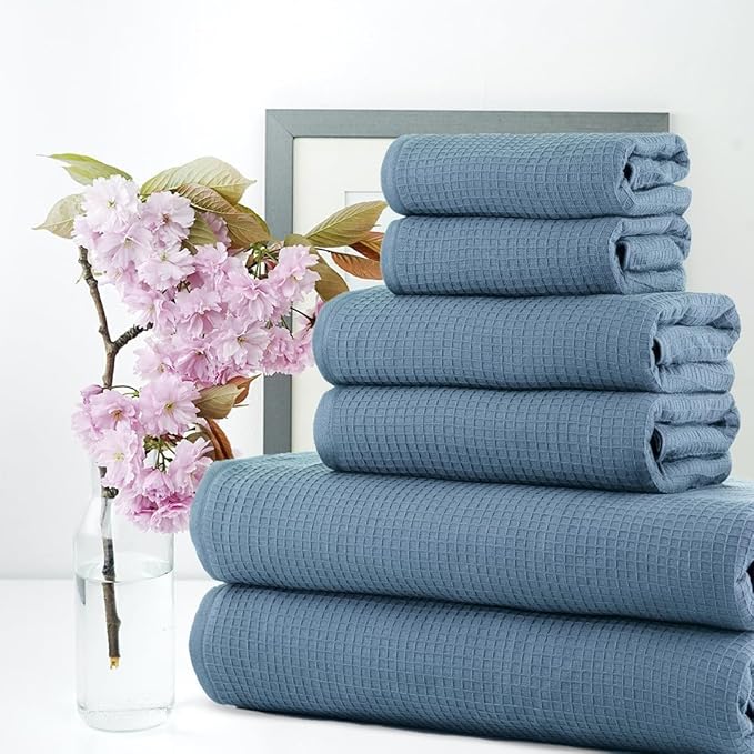 CASA COPENHAGEN Waffle 6Pcs 100% Egyptian Cotton Large Designer Towels Gift Set- Dusty Blue, 2Bath 2Hand 2Washcloths, Bath Towels for Bathroom (Box Pack, Set for Women & Men)