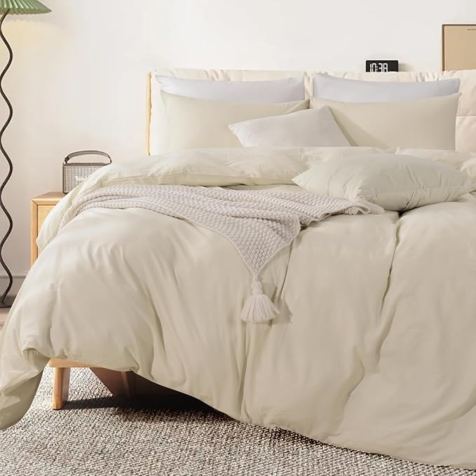 NEXHOME PRO Duvet Cover Set Queen Size Linen Feel Textured Cream Grey Organic Natural 100% Washed Cotton Duvet Cover 3 Pieces Bedding Set with Zipper Closure, Breathable, Soft (No Comforter)