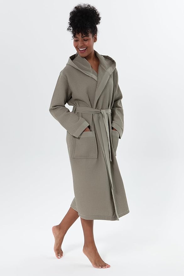 SEYANTE Women's Organic Cotton Waffle Kimono, Hooded Robe – GOTS Certified Lightweight Full-Length Spa Bathrobe with Piping