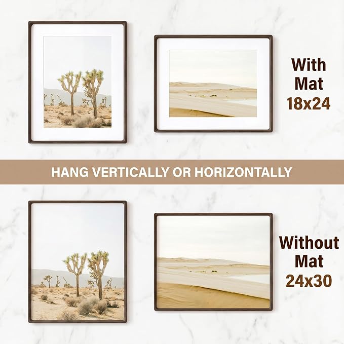 Fun Memories 24x30 Poster Frame, Natural Wenge Wood Picture Frame with HD Tempered Glass, Handcrafted Rounded Corner 24 x 30 Wooden Frames Matted to 18x24 Photos, Horizontal or Vertical Wall Display