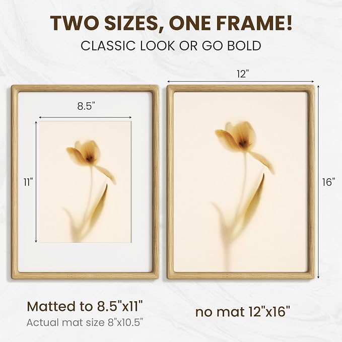 12x16 Picture Frame, USA-Sourced Oak Wood Picture Frame 12 x 16 for Art & Poster Display, 12x16 Frame with High Tempered Glass, Wooden Frame Matted to 8.5x11 Photo Wall Mounted, 1 Pack