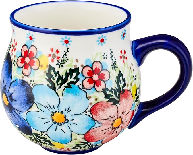 13oz Ceramic Coffee Mug, Hand-Painted Floral Polish Pottery Style Cup, Large Stoneware Tea Mug with Handle, Microwave & Dishwasher Safe (Flower A)
