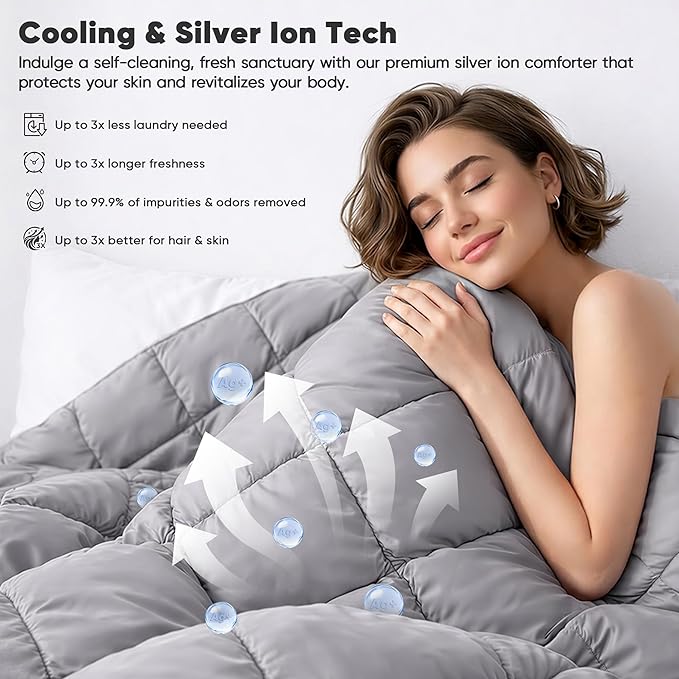 Cooling All-Season Down Alternative Comforter, Silver-Treated Lightweight Duvet Insert, Cool-to-The-Touch Bamboo Comforter, 100% Bamboo Viscose Outer Cover - Gray, Oversized King