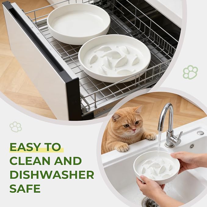 Raised Ceramic Cat Bowls 6.3" Flat & Slow Feeder Bowl (One of Each) | Anti-Gulping & Keep Fit, Water Bowl & Food Bowl, Dishwasher Safe, Neck Protective, Anti Whisker Fatigue