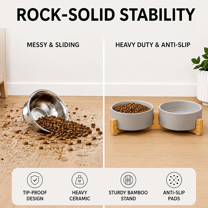 SPUNKYJUNKY Ceramic Dog and Cat Bowl with Wood Stand Non-Slip Matte Glaze Weighted Food Water Set for Cats &Small Dogs 13.5OZ