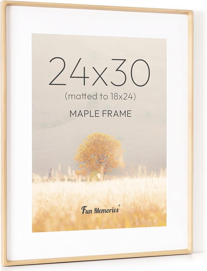 24x30 Poster Frame, USA-Sourced Maple Wood Picture Frame with HD Tempered Glass, Handcrafted Rounded Corner 24 x 30 Wooden Frames Matted to 18x24 Photos, Horizontal or Vertical Wall Display