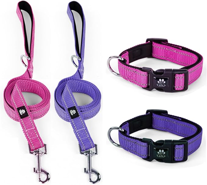 IVY&LANE 2 Pack Reflective Dog Collars and Leashs Set,Adjustable Neoprene Padded Dog Collar for Puppy, Breathable Nylon Pet Collar for Small Medium Large Dogs(Medium,Purple+Fuchsia)