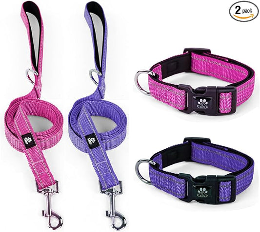 IVY&LANE 2 Pack Reflective Dog Collars and Leashs Set,Adjustable Neoprene Padded Dog Collar for Puppy, Breathable Nylon Pet Collar for Small Medium Large Dogs(Large,Purple+Fuchsia)