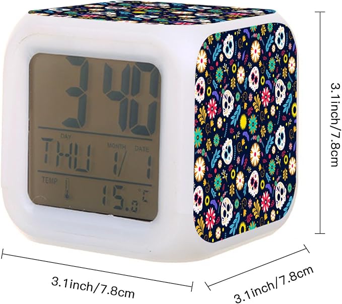 Digital Alarm Clock,Skull with Flowers 7 Color Change LED Digital Alarm Clock with Date Thermometer for Toddlers,Girls and Boys