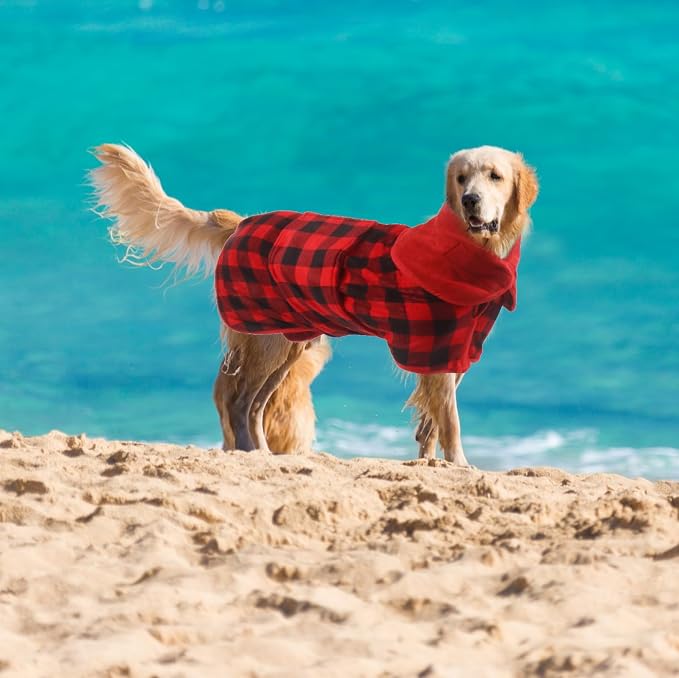 Geyecete Dog Drying Coat - Fast Drying Dog Bathrobe Towel - Microfibre Super Absorbent Pet Cat Bath Robe - Red Black Grid-S